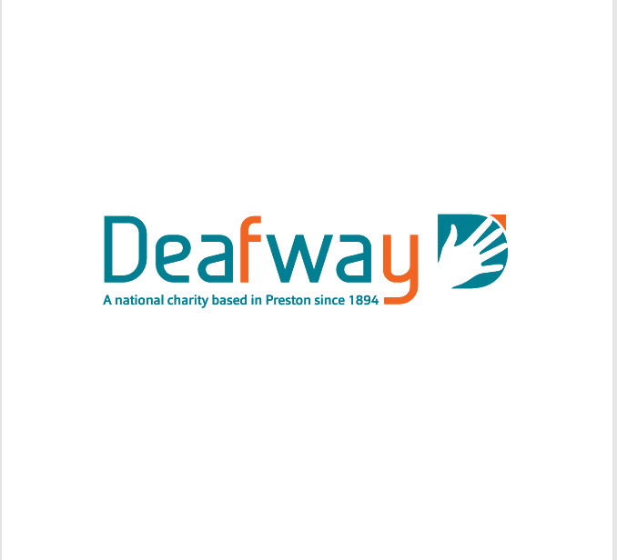 Deafway logo with stylised “D” and hand graphic. Text reads: “A national charity based in Preston since 1894.”.