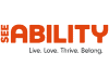 The image displays the SeeAbility logo with the tagline “Live. Love. Thrive. Belong.” written below in gray text.