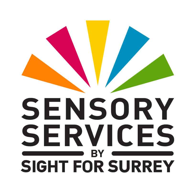 Logo with six colorful rays above the text "Sensory Services by Sight for Surrey" in bold, black letters on a white background.