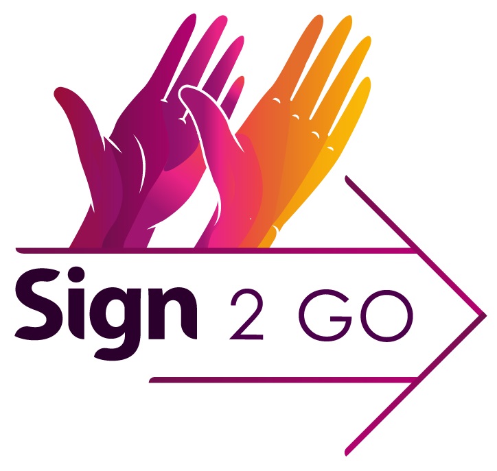 Logo with two illustrated hands, one purple and one orange, above the text "Sign 2 Go" with an arrow pointing to the right.
