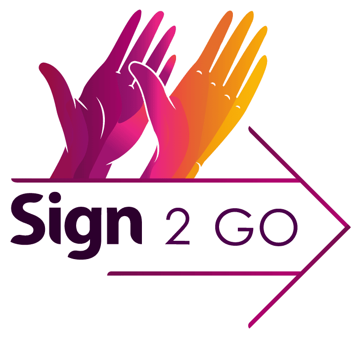 Logo with two colorful hands signing, the text "Sign 2 Go," and a stylized arrow pointing right.