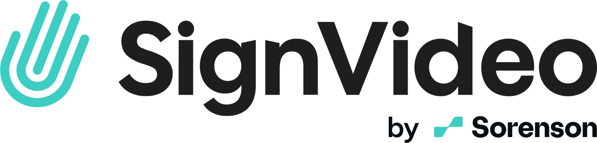 SignVideo logo featuring a turquoise hand icon to the left of the text "SignVideo" and "by Sorenson" below in smaller font.