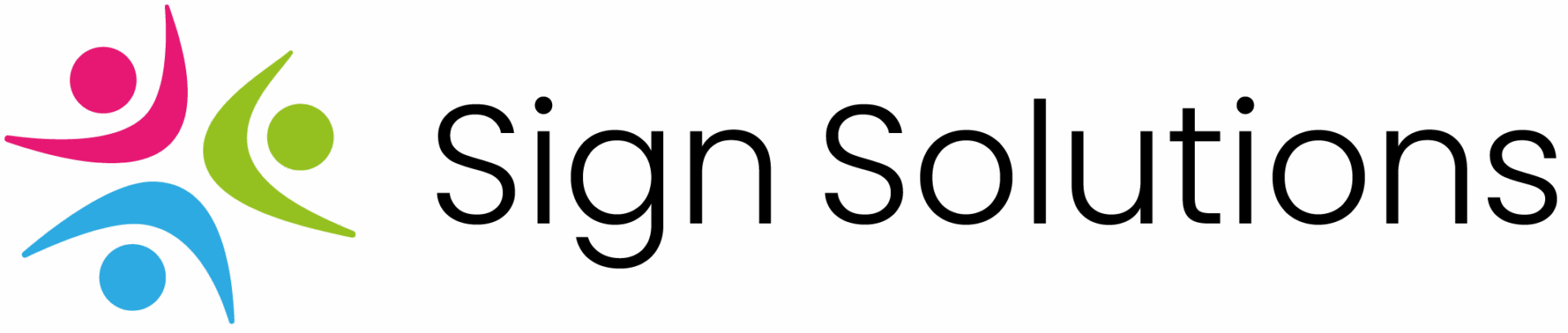 Logo with three abstract human figures in pink, green, and blue beside the text "Sign Solutions" in black on a white background.