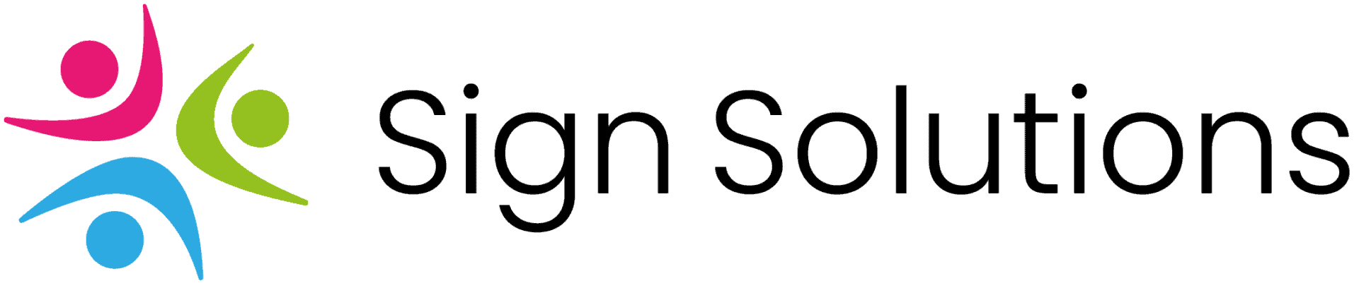 Sign Solutions logo with three abstract human figures in pink, green, and blue on the left, and the words “Sign Solutions” in black text on the right.