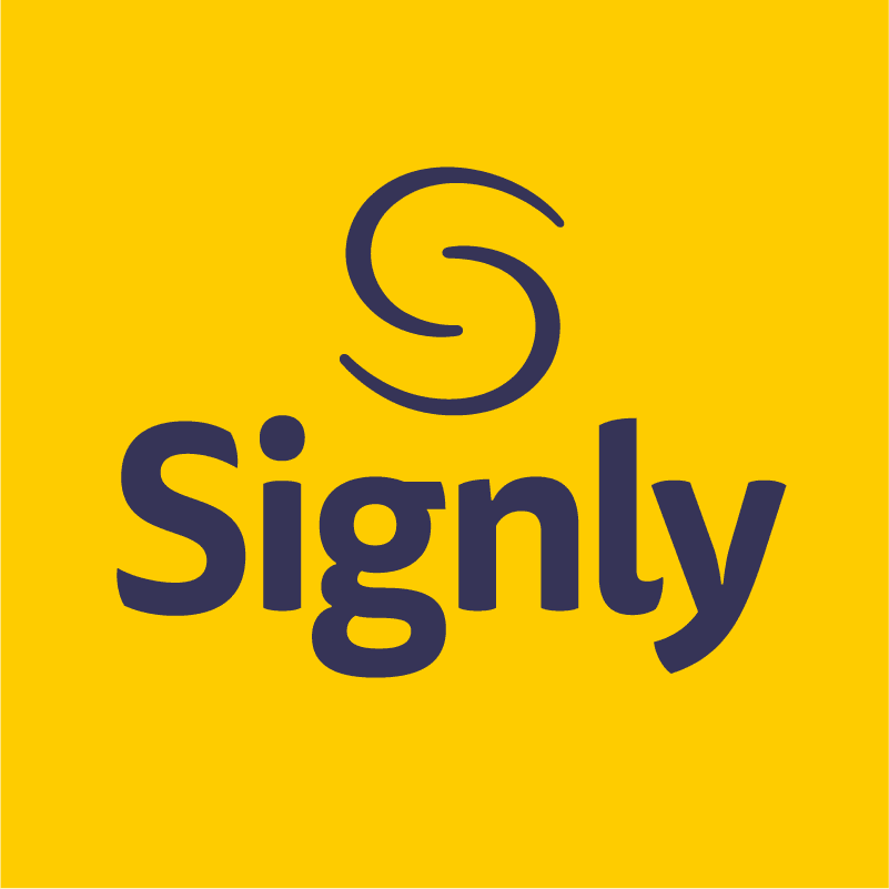 Signly logo with a stylized "S" above the word "Signly" in bold dark letters on a bright yellow background.