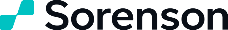 Sorenson logo with a turquoise abstract shape on the left and the word "Sorenson" in bold black letters on a light gray background.