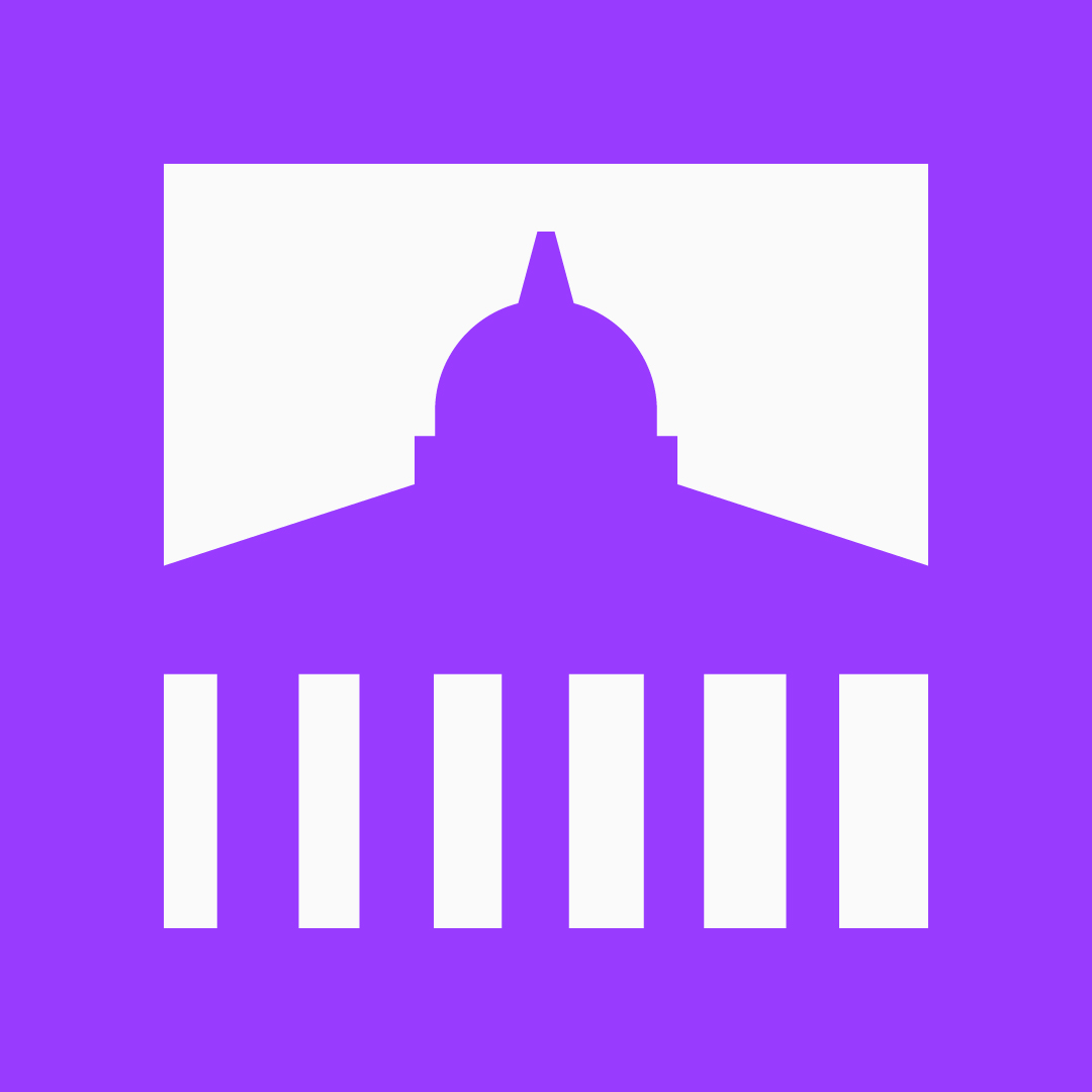 White minimalist illustration of a domed government building with columns on a solid purple background.