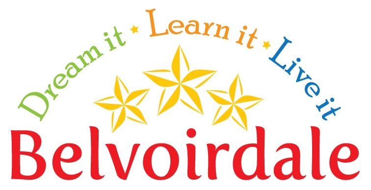 Belvoirdale logo with three yellow star shapes. The words "Dream it," "Learn it," and "Live it" arc above in green, orange, and blue text respectively.