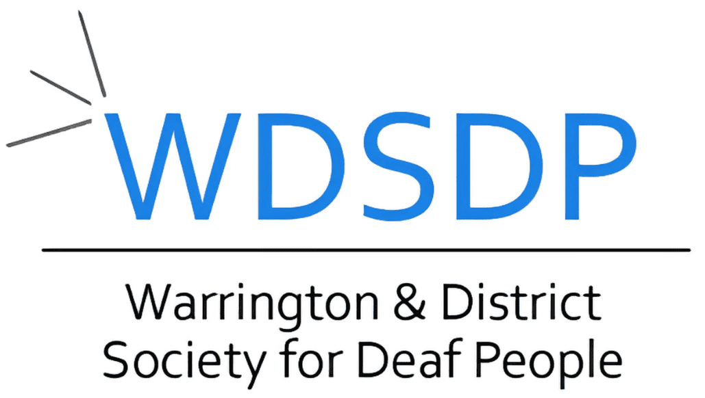 Logo for Warrington & District Society for Deaf People (WDSDP) with blue letters and black text underneath, featuring sound wave lines next to the "W".