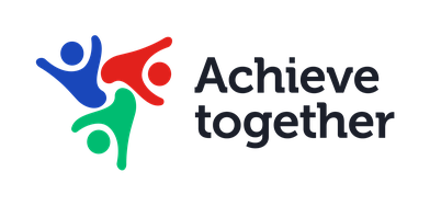 Three abstract human figures in blue, red, and green form a circle next to the words “Achieve together” in bold black text on a light background.