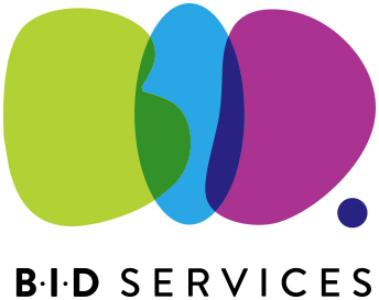 Logo with overlapping green, blue, and purple shapes forming “BID,” followed by a full stop. Text below reads “BID SERVICES” in black capital letters.