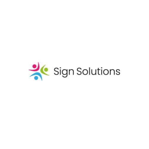 Logo with three abstract human figures in pink, green, and blue forming a circular shape next to the text "Sign Solutions" on a white background.