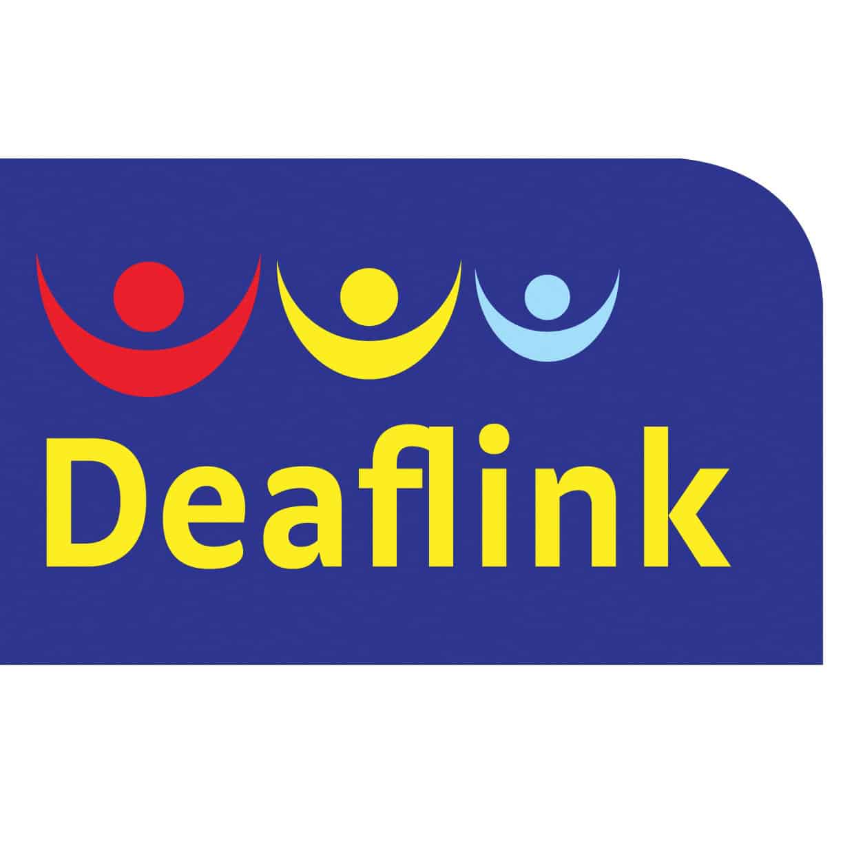 Deaflink logo featuring three stylized human figures in red, yellow, and blue above the word "Deaflink" on a blue background with a curved corner.