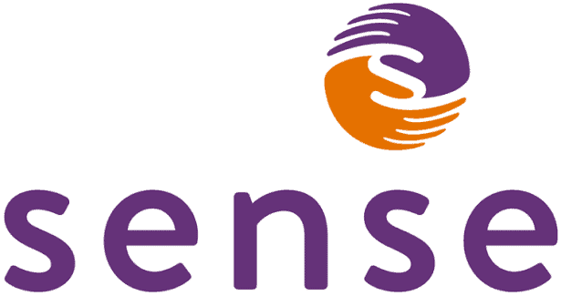 Sense logo featuring the word "sense" in purple lowercase letters and a circular icon with stylised purple and orange hands forming an S shape above the text.