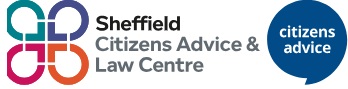 Logo of Sheffield Citizens Advice & Law Centre with a stylized speech bubble graphic and a blue circle containing the words "citizens advice.