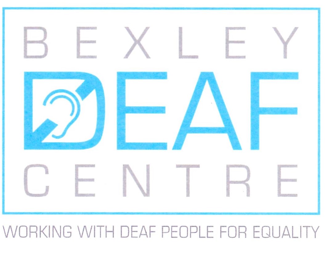 Logo for Bexley Deaf Centre with an ear symbol and the tagline “Working with Deaf People for Equality” in blue and grey text.