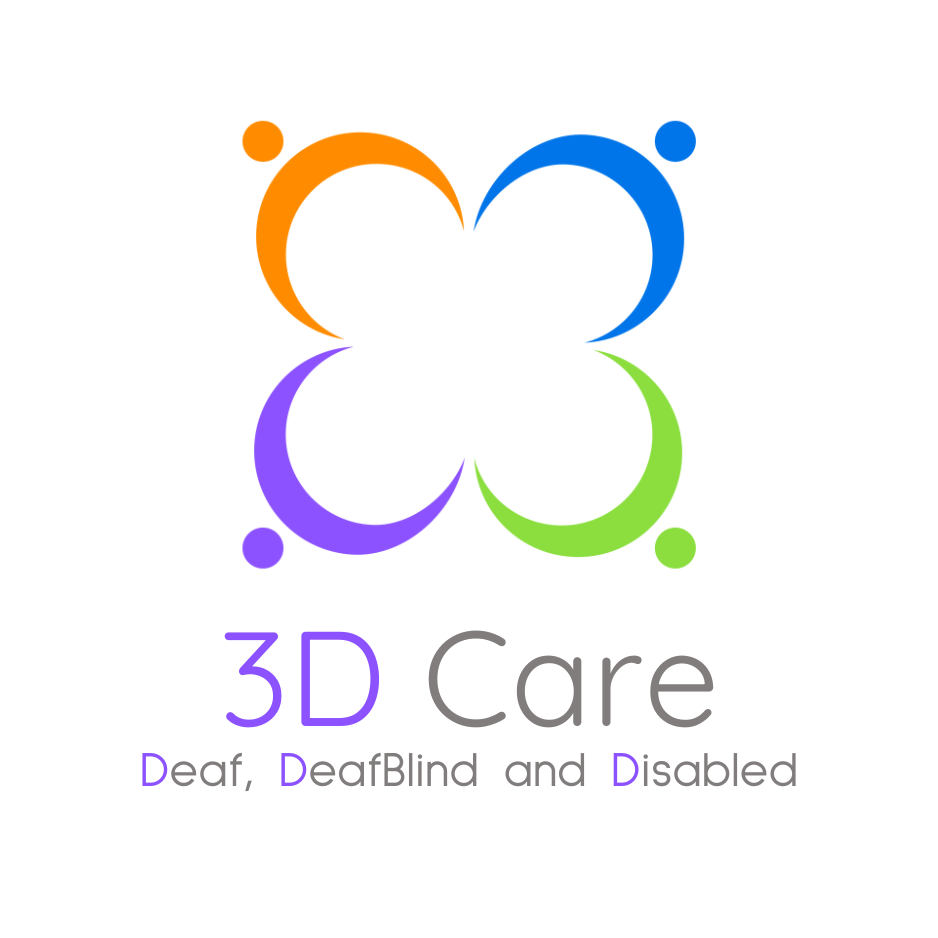 Logo featuring four colorful abstract figures forming a butterfly shape, with the text "3D Care Deaf, DeafBlind and Disabled" below in gray and purple.