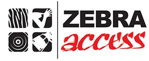 Zebra Access logo with black and white zebra patterns, sign language hand, target icon, and film reel, alongside bold text "ZEBRA access.