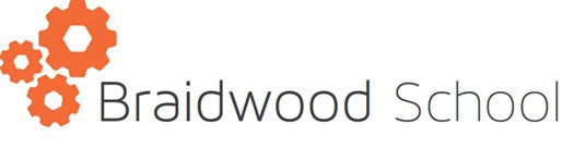 Braidwood School logo with three orange gear icons on the left and the school name in gray text on the right.